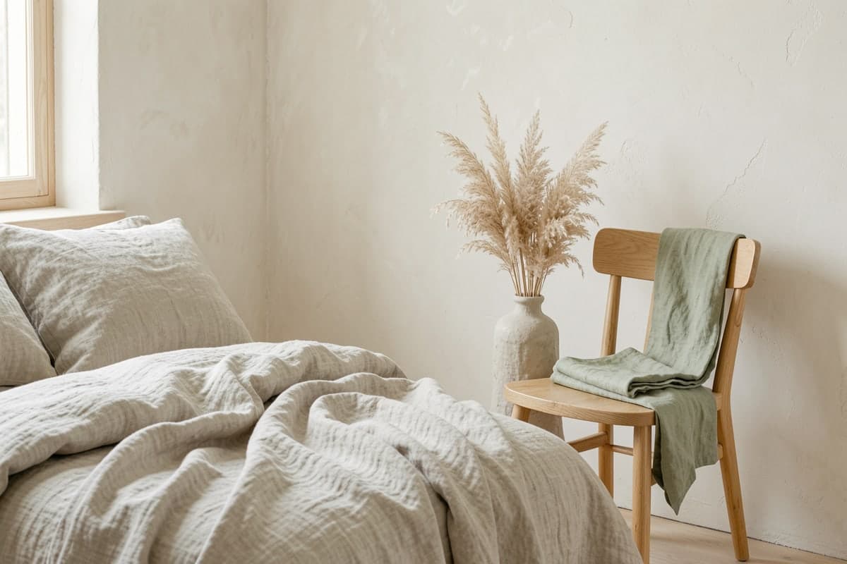 Dried grasses and a linen napkin on a wooden chair
