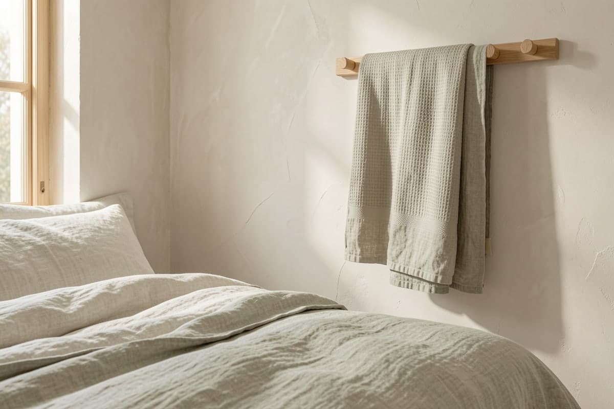 A linen towel hanging on a peg rail