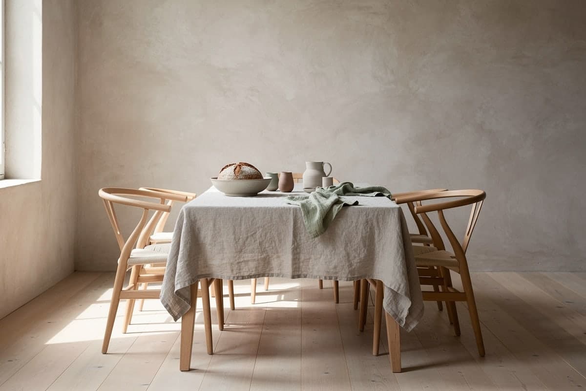 A breakfast table laid with a linen tablecloth