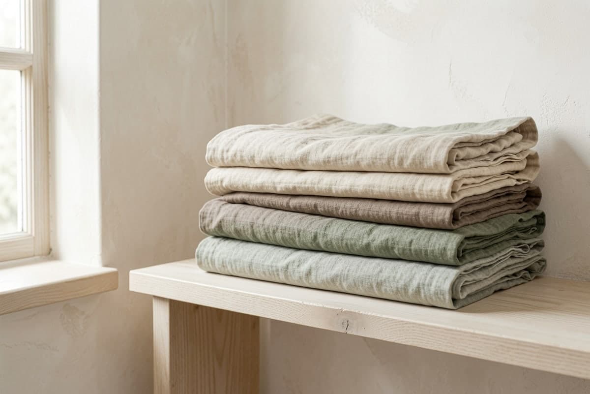 Folded linen sheets in oat, clay and sage on a shelf