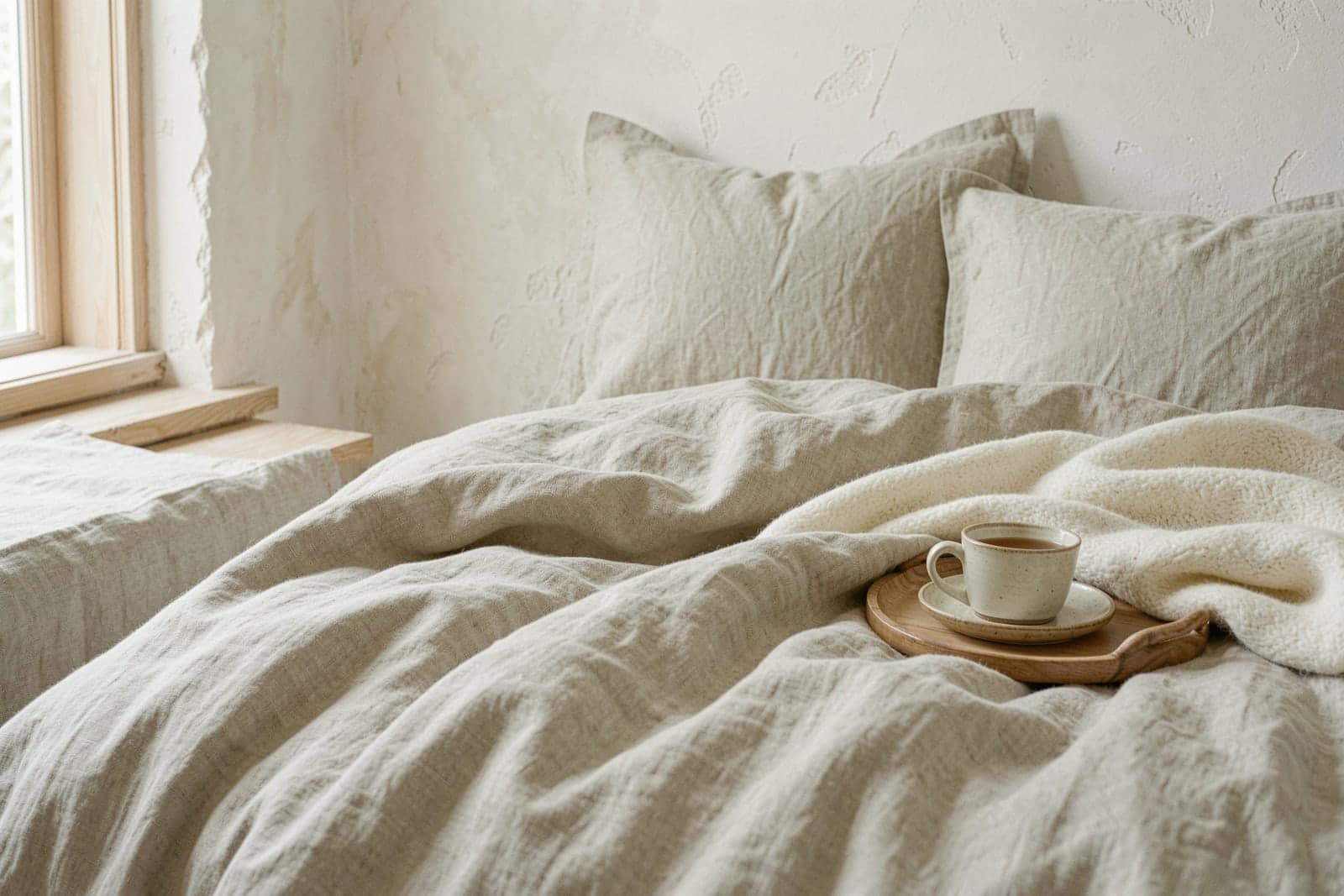 Rumpled linen bedding with a wool throw and a cup of tea